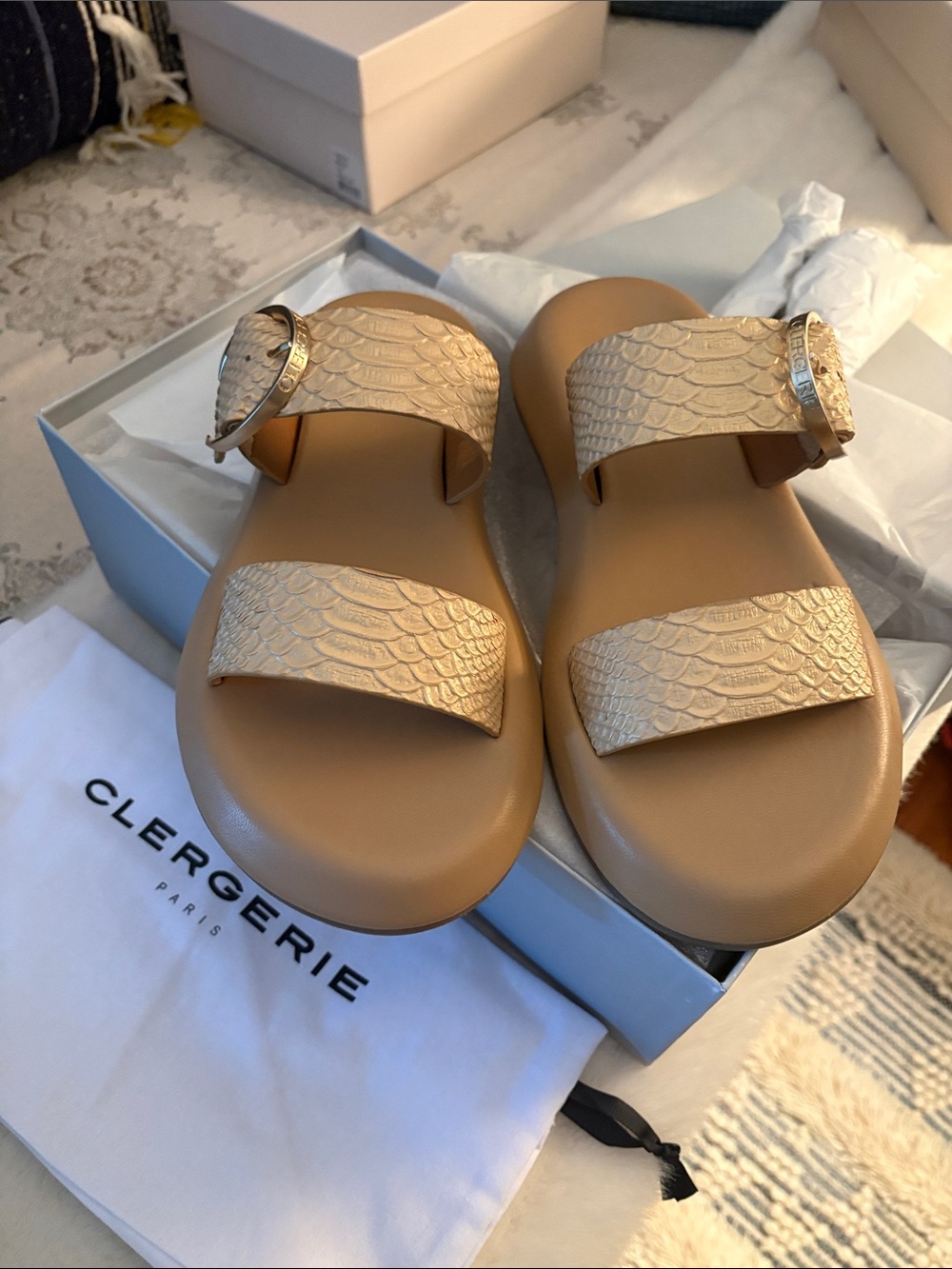 Robert Clergerie Beige/Tan Textured Double-Strap Slide Sandals